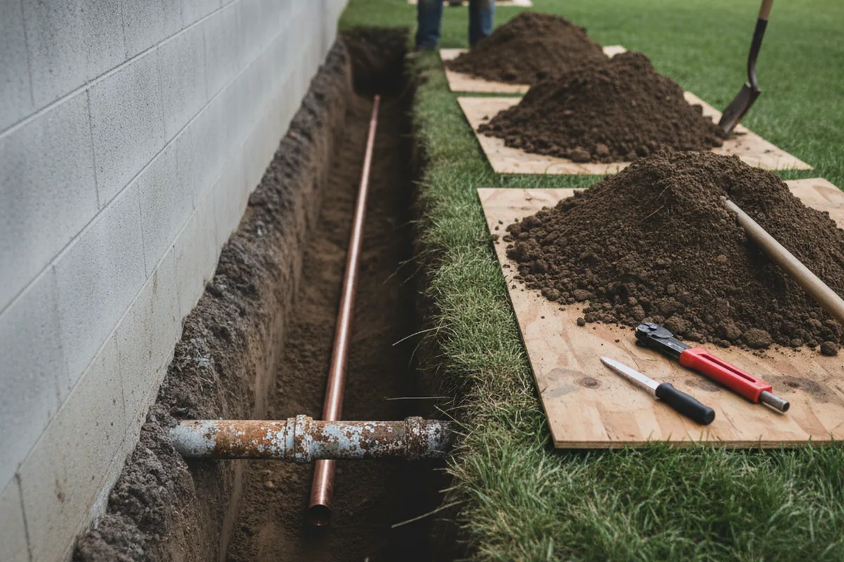 Excavated water line trench during Sewer Line Repair in Hackberry
